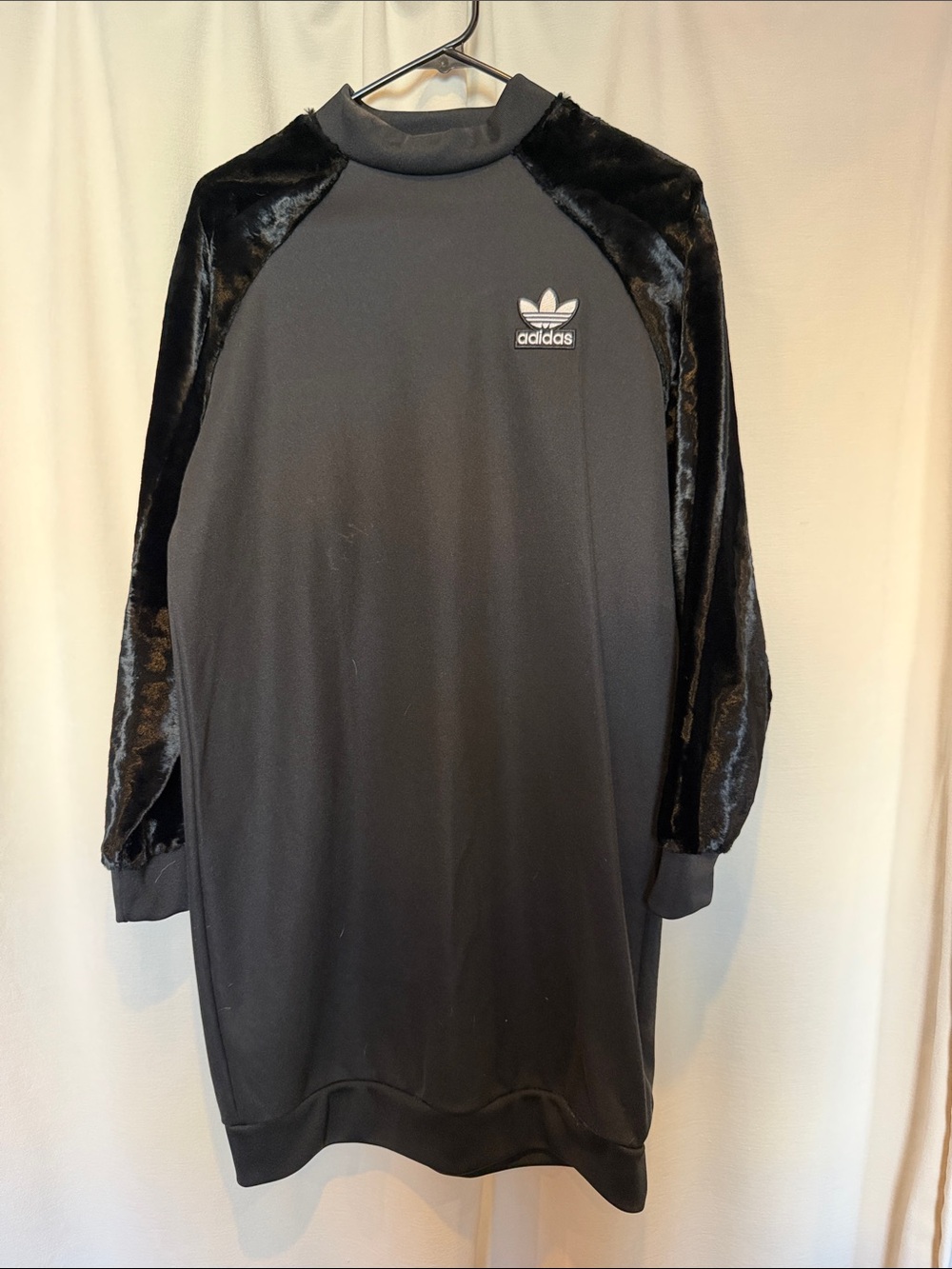 adidas Black Crewneck Sweater with Velvet Sleeve Detail